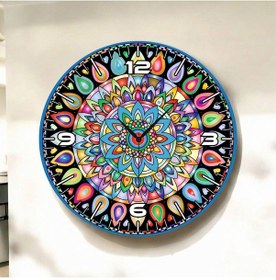 Resim Mandala Motifli Renkli Baskı Desenli Sayılı Hediyelik Ahşap Sessiz Duvar Saati 50cm ÇOk Renkli 