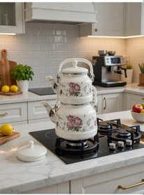 Resim Vintage Gül Desenli Emaye Çaydanlık - Çift Katmanlı Beyaz Retro Çay Demleme Seti Beyaz - Pembe 