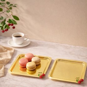 Resim 2 Kişilik Gold Metal Kare Kirazlı Kiraz Sunum Servis Tepsisi Tepsi 22cm Altın - Gold 