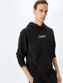 Resim Şardonlu Pamuk Karışımlı Kapşonlu Slogan Baskılı Sweatshirt 