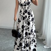 Resim Şık Pembe Çiçekli Maxi Elbise V-Yaka ve Kısa Kollu - Akışkan A-Line Silueti, Beli Sıkılaştırılmış, Bahar/Sonbahar İçin Mükemmel, Günlükten Resmi Giyim, Günlük Şık Giyim | Çiçek Baskılı Elbise | Beli Sıkılaştırılmış Tasarım 