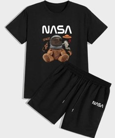 Resim Tarzsokak Unisex Siyah Alt-üst Tshirt Şort Kombini Nasa Ayıcık Baskılı Takım Siyah 