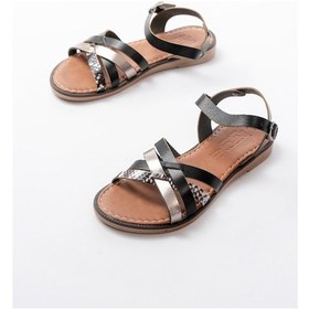 Resim 205-093 Siyah Garni Hakiki Deri Ortopedik Taban Kadın Sandalet Altın - Taba 