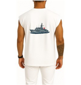 Resim Bahriyeli Collection Oversize F504 Tcg Bartın Savaş Gemisi Cep Ve Sırt Tasarımlı Atlet Beyaz 