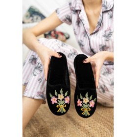 Resim Moda Fırsat Siyah Buket Kadın Ev Terliği Kışlık Kapalı Yumuşak Rahat Terlik Nakışlı Doğum Çeyiz Misafir Terliği 