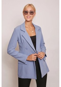 Resim Kadın Düğme Detaylı Uzun Kol Şık Ofis Süs Cep Kapaklı Kumaş Blazer Ceket-dirty Blue Dirty Blue 