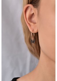 Resim 925 Ayar Gümüş Rose Kaplama Siyah Kelebek Halka Küpe Siyah 