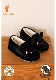 Resim Albishoes Kışlık Içi Tüylü Kadın Ev Ayakkabı Kurbağa Figürlü Kaydırmaz Rahat Taban Panduf Ev Botu Siyah 