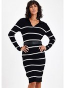 Resim Kadın Siyah Çizgili V Yaka Kemerli Diz Boyu Triko Elbise - Siyah 