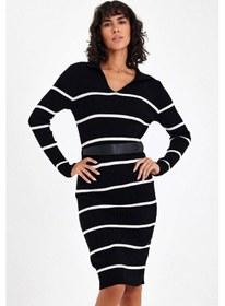 Resim Kadın Siyah Çizgili V Yaka Kemerli Diz Boyu Triko Elbise - Siyah 