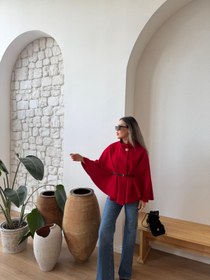 Resim Kemerli Kırmızı Panço 