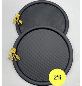 Resim Japon Güllü Yuvarlak Siyah Çay Ve Kahve Sunum Tepsisi 2'li 22 CM 