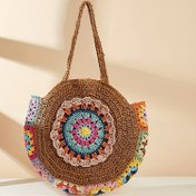 Resim Geniş Kapasiteli Boho-Şık Yuvarlak Saman Çanta - Renkli Örgü Kağıt İpi Dokuma Omuz Çantası Fermuarlı Kapatma, Canlı Çiçek Deseni ve Püskül Detayı ile Yazlık Plaj Gezileri İçin Mükemmel, Plaj Tote Çantası 