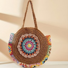 Resim Geniş Kapasiteli Boho-Şık Yuvarlak Saman Çanta - Renkli Örgü Kağıt İpi Dokuma Omuz Çantası Fermuarlı Kapatma, Canlı Çiçek Deseni ve Püskül Detayı ile Yazlık Plaj Gezileri İçin Mükemmel, Plaj Tote Çantası 