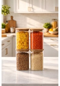 Resim Porsima 6-4 Bambu Vakumlu Kapaklı Kare Borsilikat Cam 4lü Kavanoz Seti Saklama Kabı 1250ml 9,5x15cm 