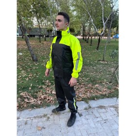 Resim Geborgenheit Kadın Erkek Fosforlu Yeşil Motorcu Yağmurluk File Astarlı Motosiklet Yağmurluğu Cepli 