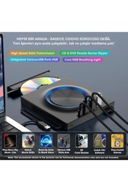 Resim UmoTech Harici DVD-RW CD/DVD Sürücü – USB-C/3.0, USB Hub ve SD Kart Girişli, Slim Taşınabilir 