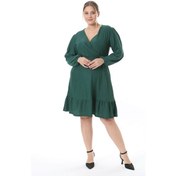 Resim Kadın Zümrüt Yeşil Kruvaze Yaka Balon Kol Büyük Beden Esnek Elbise Zümrüt 