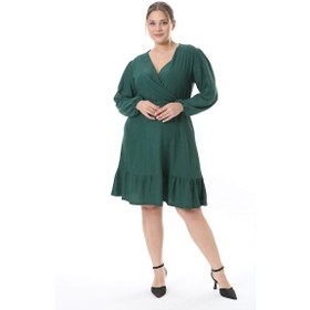 Resim Kadın Zümrüt Yeşil Kruvaze Yaka Balon Kol Büyük Beden Esnek Elbise Zümrüt 