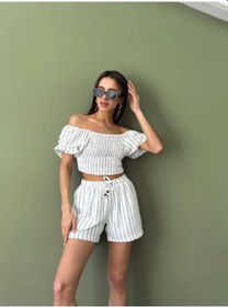 Resim Adisia Kadın Beyaz Ikili Keten Crop Şort Astarlı Alt Üst Takım Beyaz 