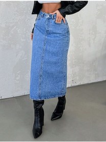 Resim Dema Kadın Mavi Renk Yüksek Bel Pamuklu Bilek Boy Denim Etek 