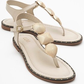 Resim Helen Bej Hakiki Deri Parmak Arası Gold Tokalı Kadın Sandalet Bej 