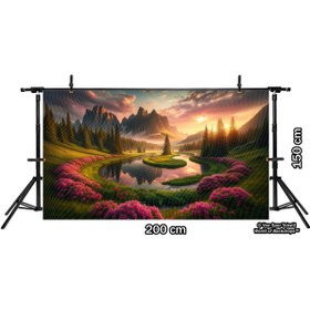 Resim Venspor Dağ Manzarası ve Çiçekli Alan Temalı Arkaplan 200x150cm Fon Duvar Örtüsü 