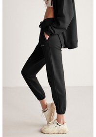 Resim Grimelange CARROLINE Kadın Nakış İşlemeli Relaxed Dar Paça Organik Pamuk Siyah Eşofman Altı 