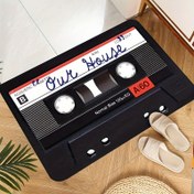 Resim 1 adet Retro Kaset Tasarımlı Hoş Geldiniz Paspası, Kaymaz Emici Polyester Kapalı Giriş Halısı, Makinede Yıkanabilir, PVC Taban, Dikdörtgen Ev Ön Veranda Dekoru 