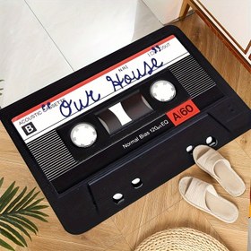 Resim 1 adet Retro Kaset Tasarımlı Hoş Geldiniz Paspası, Kaymaz Emici Polyester Kapalı Giriş Halısı, Makinede Yıkanabilir, PVC Taban, Dikdörtgen Ev Ön Veranda Dekoru 