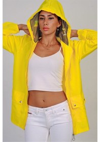 Resim Keyifli Moda Kadın Sarı Yıldız Kapüşonlu Cepli İnce Yağmurluk 
