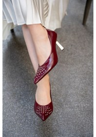 Resim Laminta Secret Metal Üçgen Topuklu Taş Detaylı Kadın Topuklu Ayakkabı Bordo 