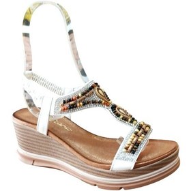 Resim De Scarıo 1060 Kadın Taşlı Dolgu Topuklu Comfort Sandalet Beyaz Siyah 