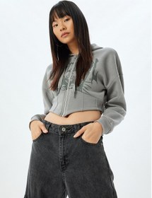 Resim Koton Crop Sweatshirt Kapüşonlu Fermuarlı Kolej Baskılı Korse Detaylı Şardonlu Gri 5wal10247ık Gri 