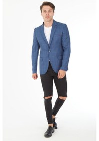 Resim Sposo 5111 Dar Kalıp Kareli İndigo Erkek Blazer Ceket İndigo 