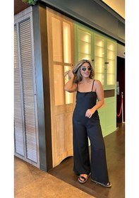 Resim Soonaksesuar Kadın Askılı Yandan Fermuarlı Geniş Paçalı Valencia Tulum Siyah 