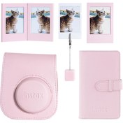 Resim Instax mini 12 Pembe Deri Kılıf Laporta Deri Albüm ve Fotoğraf Çerçeveleri Aksesuar Seti 