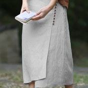 Resim Elastik Arka Bel Bandı ve Düğme Detayları ile Vintage A-Line Etek - Bej, Asimetrik Hem, Bol Kesim, Bahar/Yaz/Sonbahar için Mükemmel, Rahat Kıyafet, Rahat Kıyafet|Asimetrik Hemline|Elastik Bel Bandı 