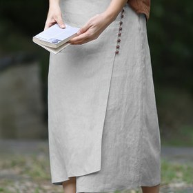 Resim Elastik Arka Bel Bandı ve Düğme Detayları ile Vintage A-Line Etek - Bej, Asimetrik Hem, Bol Kesim, Bahar/Yaz/Sonbahar için Mükemmel, Rahat Kıyafet, Rahat Kıyafet|Asimetrik Hemline|Elastik Bel Bandı 