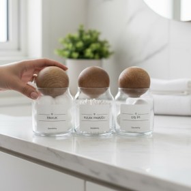 Resim zezedesing Dekoratif Ahşap Top Kapak Pamuk,kulak Pamuğu Ve Diş Ipi Kavanozu Kutusu 300ml 