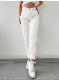 Resim Kadın Mom Fit Jeans Kot Pantolon Beyaz Beyaz 