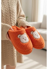 Resim Ft 103 Panda Nakışlı Kadın Ev Terliği Peluş Terlik Çeyiz Ve Bohça Terliği Ses Yapmaz Kalın Taban Turuncu 