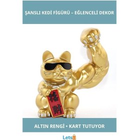 Resim Altın Renkli Polyester Şanslı Kedi Figürü Elinde Şans Kartı Ve Sigara İle Dekoratif Aksesuar 1 Adet 