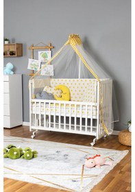 Resim Ahşap Beşik Anne Yanı Beşik Beyaz 60x120 - Sarı Yıldız 3 Yastıklı Uyku Seti + Yataklı + Tekerlekli Beyaz 