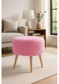 Resim Waterybrook Yuvarlak Puf Welsoft Kumaş Ceviz Ahşap Ayaklı - Makyaj - Yatak Ucu - Dekoratif Oturma Pufu Pembe 