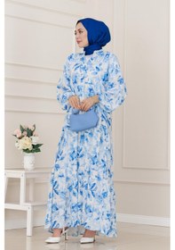 Resim Sevitli Kuşaklı Çiçekli Lina Elbise-mavi-5260 Mavi 