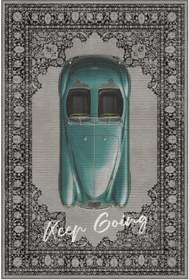 Resim Arteluna Home Retro 106 Gri Mavi Vintage Retro Araba Figürlü Keep Going Tasarım Halı Salon Oturma Ev Oda Halısı 