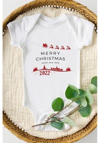 Resim Hediyenza Merry Christmas Özel Tasarım Bebek Zıbın Pamuklu Çıtçıtlı Body Beyaz 
