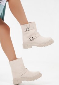 Resim LULO Kadın Bej Süet 5cm Kalın Platform Tabanlı Tokalı Spor Çekme Bot 