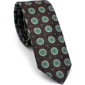 Resim Gaffy Yeşil Bej Yuvarlak Desenli Kahverengi Dokuma Kumaş Mendilli Slim Fit Kravat // Sdk-250206 Kahverengi 